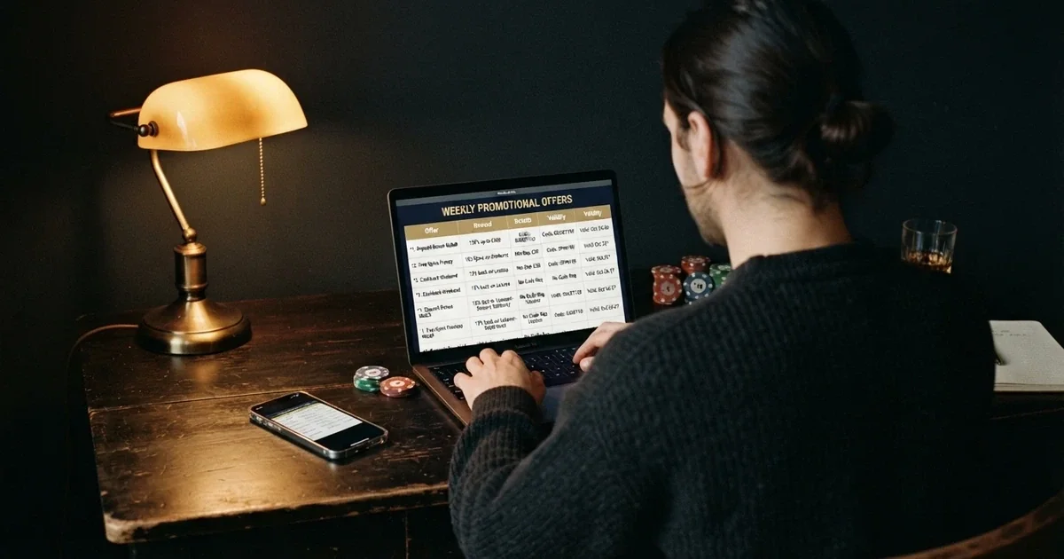 Jugador consultando una tabla comparativa de ofertas de tiradas gratis en la pantalla de un ordenador portátil, con fichas de casino y un móvil al lado