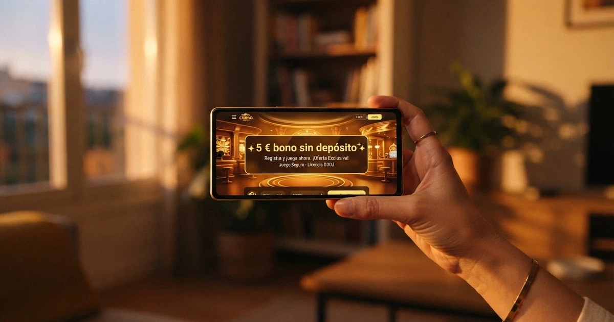 Mano sujetando un teléfono móvil con la pantalla mostrando la interfaz de un casino online español y el texto «5 € bono sin depósito» destacado en la pantalla