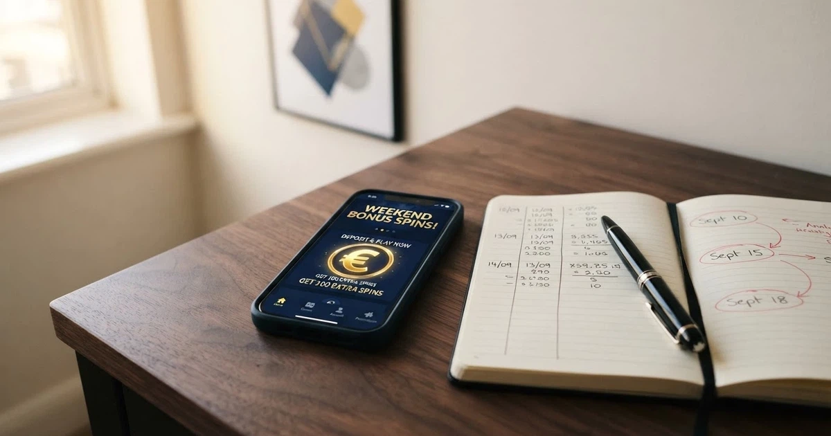 Pantalla de un casino online español mostrando una oferta de bono sin depósito junto a una calculadora y un calendario, sobre fondo azul regulado