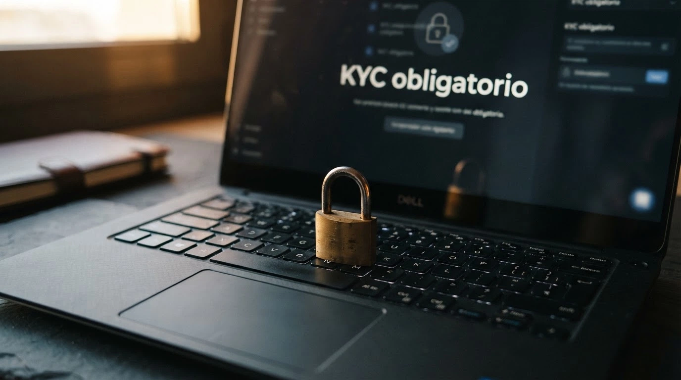 Un candado sobre un teclado con el texto «KYC obligatorio» y las siglas DGOJ visibles, representando la barrera legal entre el anonimato y el juego regulado.