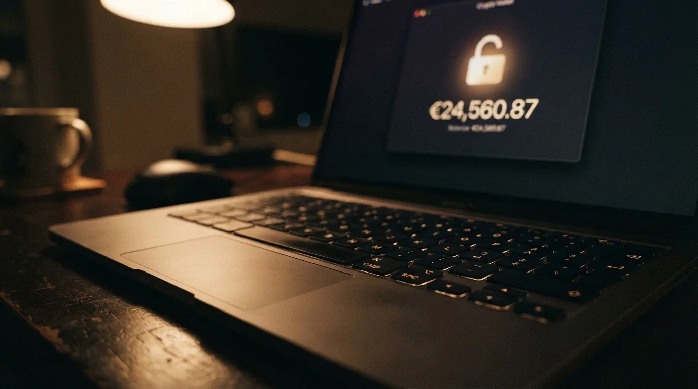Teclado con un candado abierto y una cartera de criptomonedas en la pantalla, sin documento de identidad visible