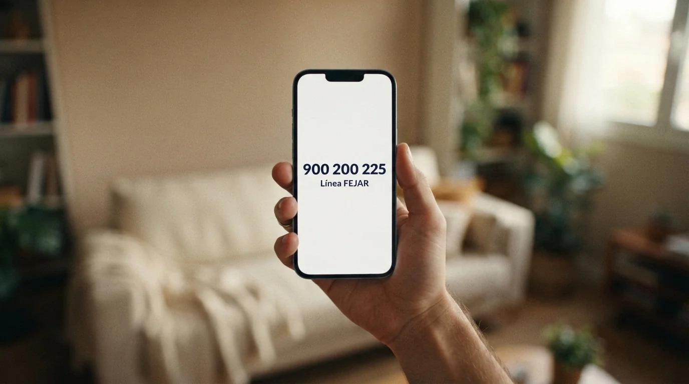 Un teléfono móvil mostrando el número 900 200 225 en pantalla, junto a las palabras «Línea FEJAR — gratuita y confidencial»