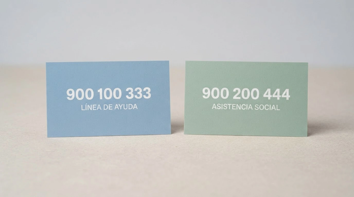 Dos tarjetas de contacto con los logotipos de FEJAR y Jugadores Anónimos, sus teléfonos de ayuda en tipografía clara y un fondo sereno con los colores del juego responsable