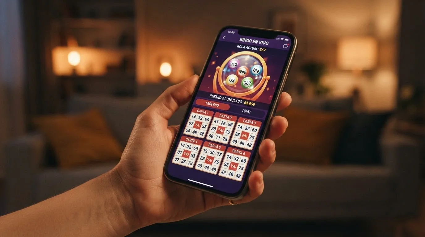 Teléfono móvil en orientación vertical mostrando una app de bingo con cartones adaptados al formato reducido
