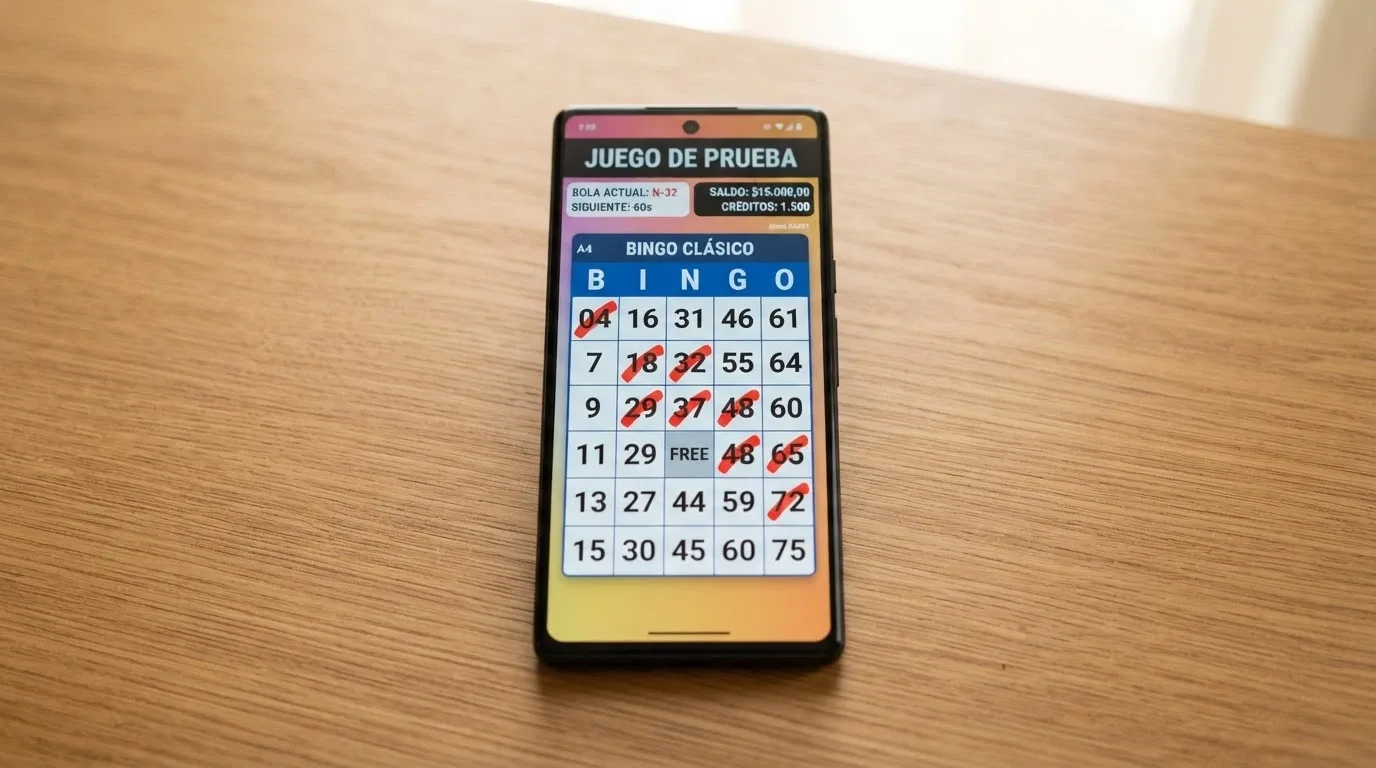 Pantalla de un juego de bingo en modo demo con saldo ficticio en euros y el indicador «juego de prueba» visible en la esquina