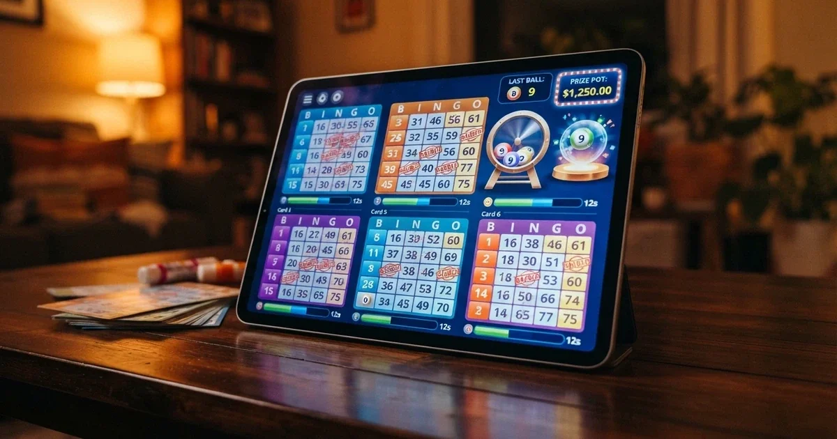 Interfaz de una sala de bingo online con cartones digitales en pantalla, bombo de bolas virtual y marcador de premios