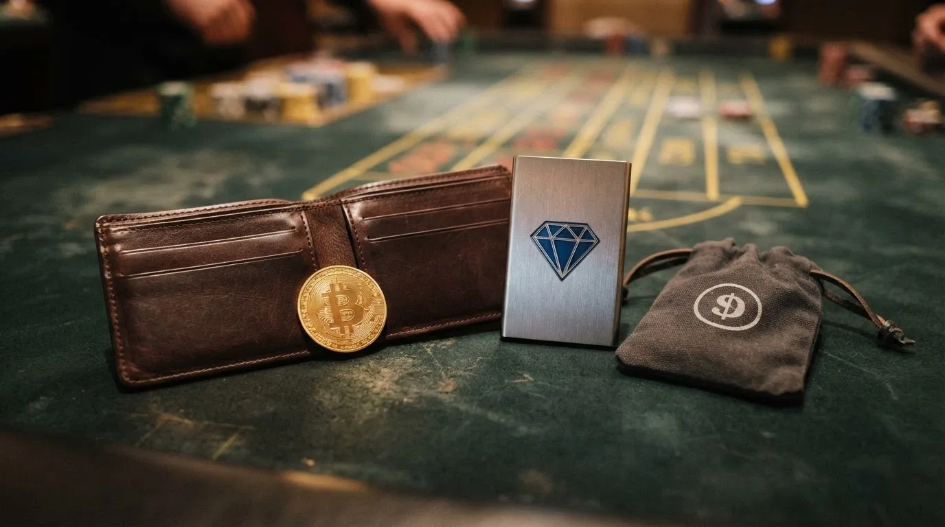 Tres monederos físicos con los símbolos de Bitcoin, Ethereum y USDT sobre una mesa de juego