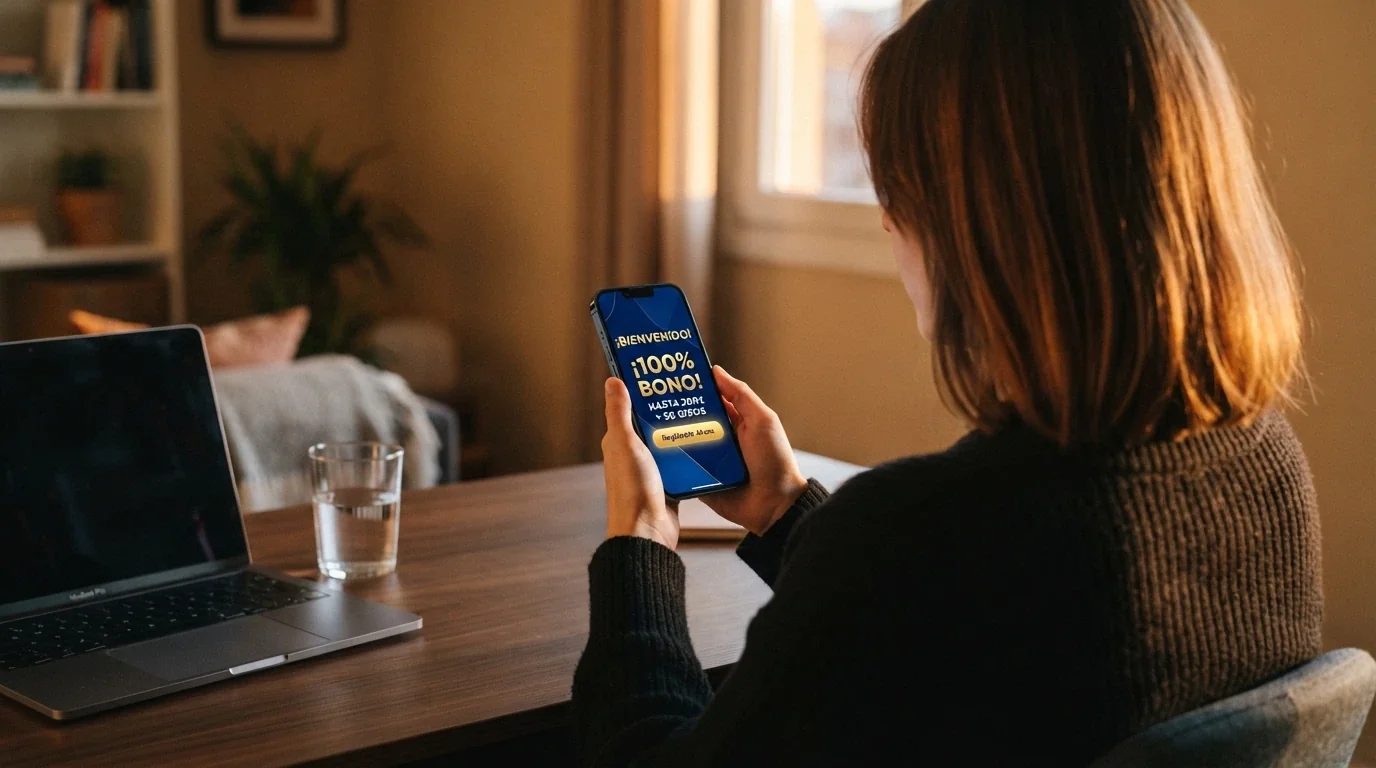 Pantalla de promoción de bono de bienvenida en un casino online español