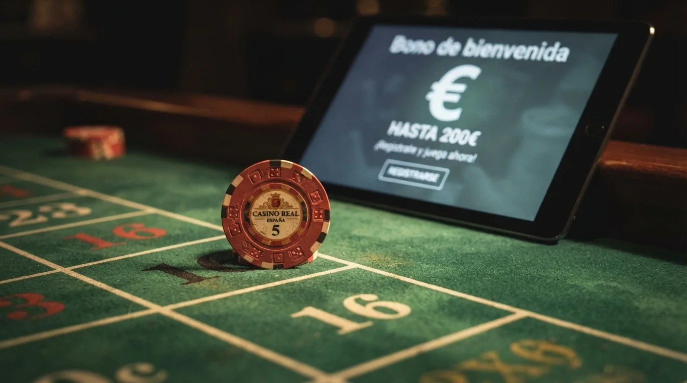 Primer plano de una ficha de casino sobre una mesa de ruleta, con una notificación de bono de bienvenida superpuesta en la interfaz