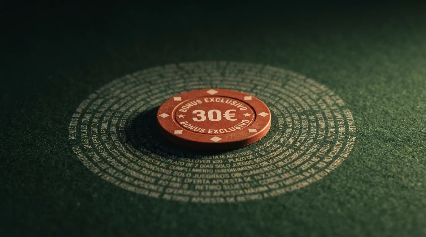 Una ficha de casino con el texto «30€ gratis» en el centro, rodeada de líneas finas de letra pequeña que aluden a condiciones de rollover y plazo