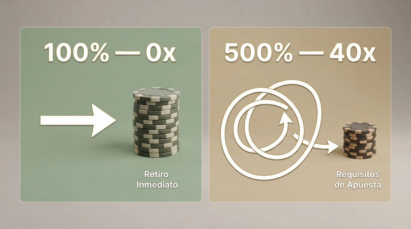 Comparativa visual: un bono con 0x wagering frente a uno con 40x, mostrando cuánto hay que apostar en cada caso