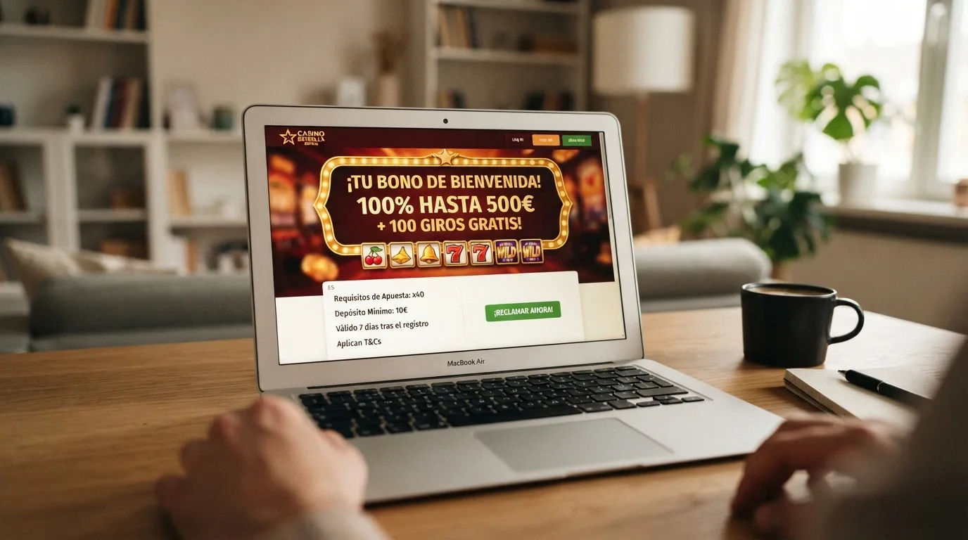 Pantalla de un casino mostrando su oferta de bono de bienvenida con las condiciones de rollover y validez visibles