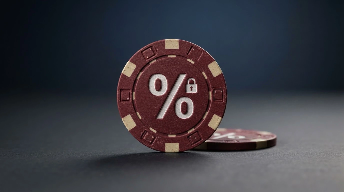Una ficha de casino con un porcentaje de bonificación y un candado que representa el rollover, sobre un fondo de casino online