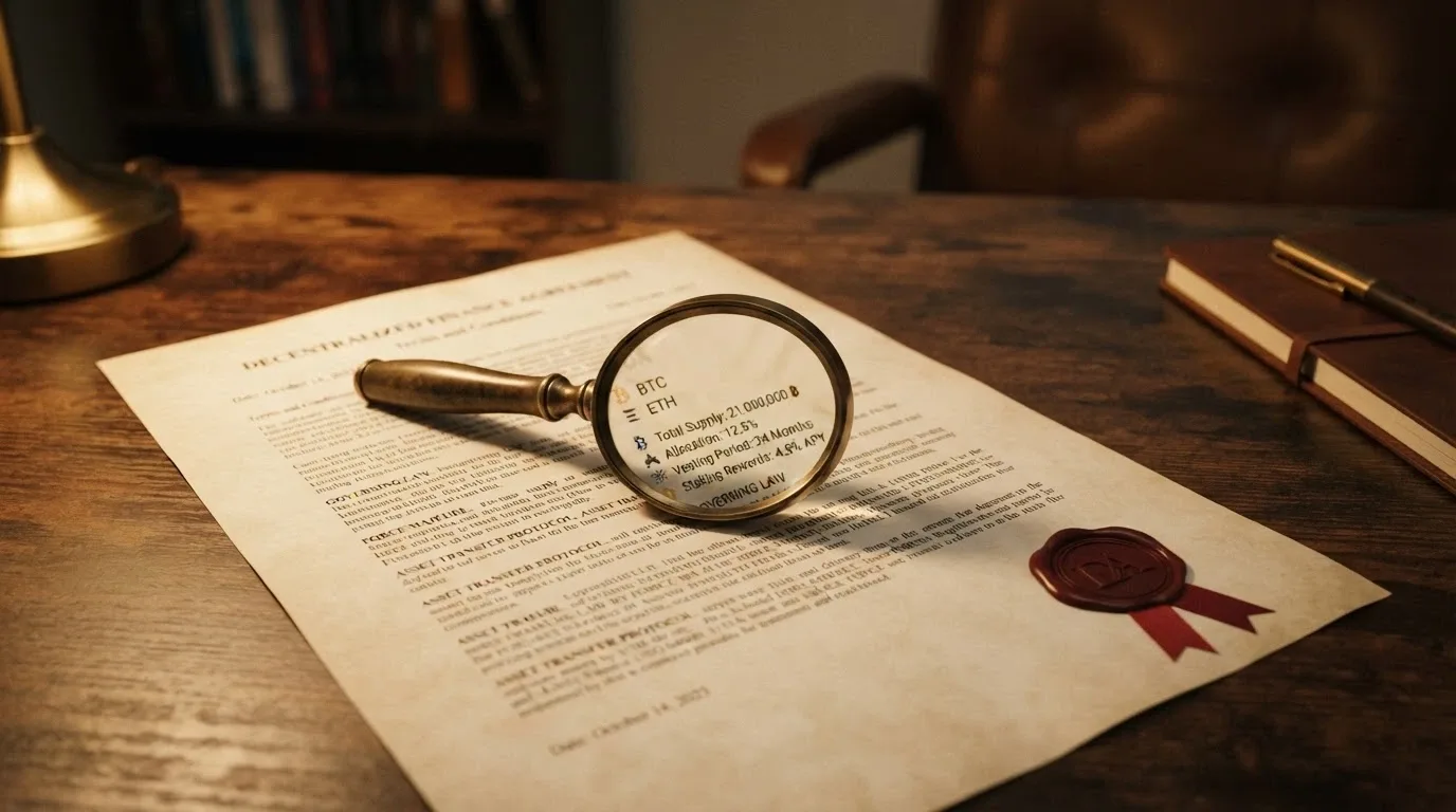 Contrato con un sello de cera y símbolos de criptomonedas, una lupa sobre la letra pequeña
