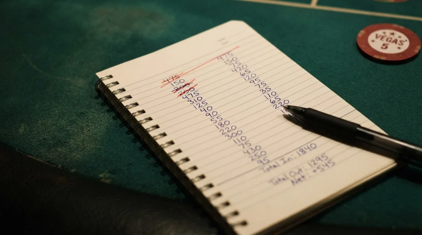 Una calculadora sobre una mesa de casino verde, con la pantalla mostrando una cifra tachada y una nueva cifra menor al lado