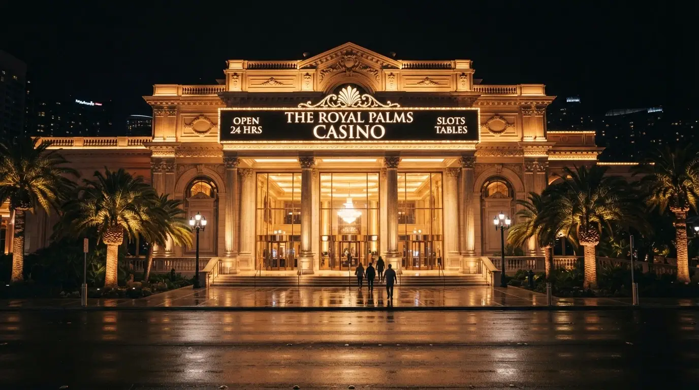 Fachada iluminada del Casino Admiral Gibraltar de noche con la entrada principal
