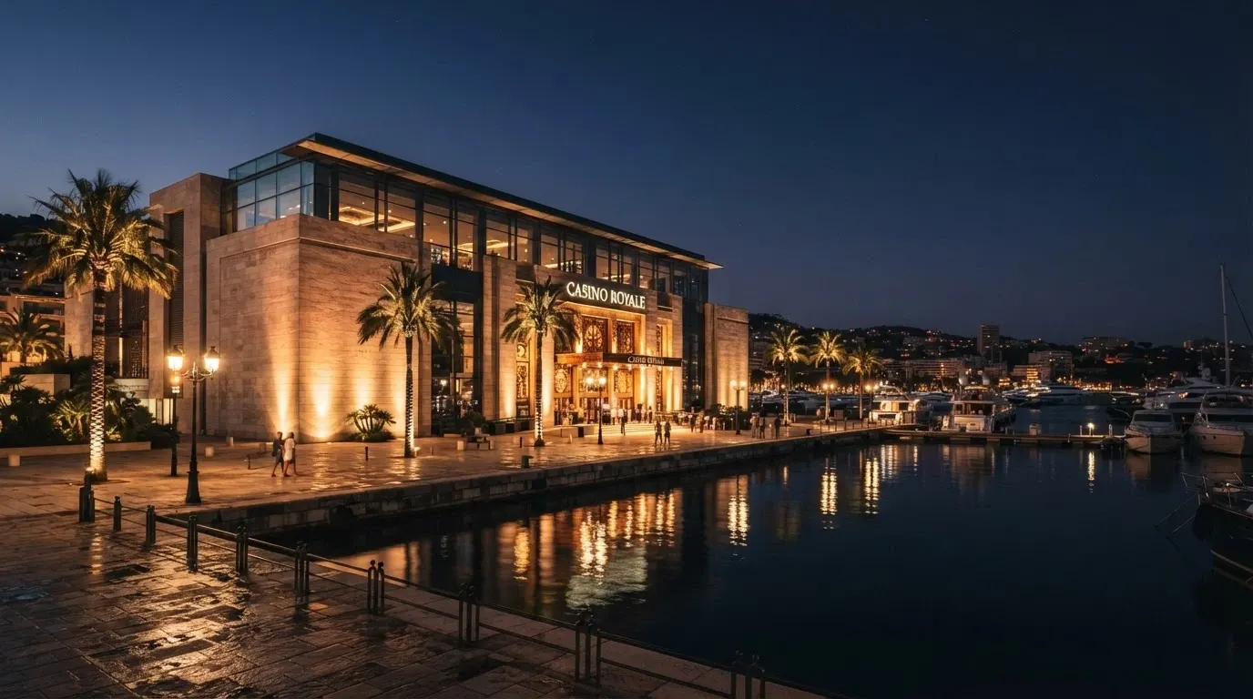 Fachada exterior del edificio del Casino Barcelona junto al Port Olímpic de noche