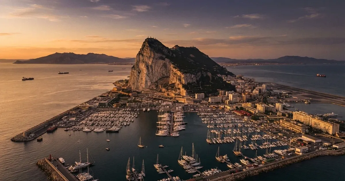 Vista panorámica del Peñón de Gibraltar al atardecer con el puerto en primer plano