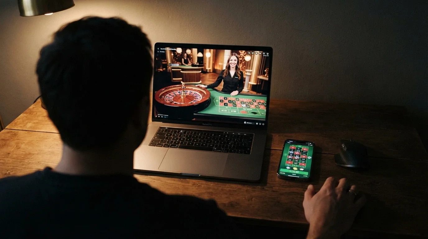 Una mesa de ruleta en vivo con crupier real en pantalla, junto a un móvil mostrando la interfaz de apuestas