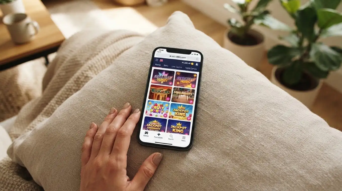 Una mano sujetando un teléfono con una interfaz de casino online abierta en el navegador, sin icono de tienda de aplicaciones visible