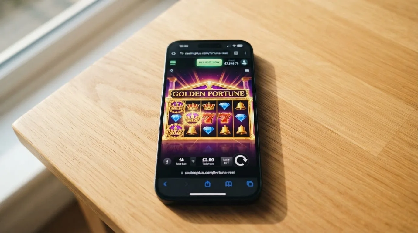 iPhone mostrando un juego de casino en el navegador web con el botón de depósito por Apple Pay visible