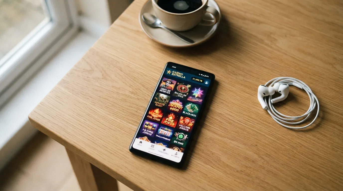 Teléfono móvil mostrando la interfaz de un casino online español adaptada al navegador sin app instalada
