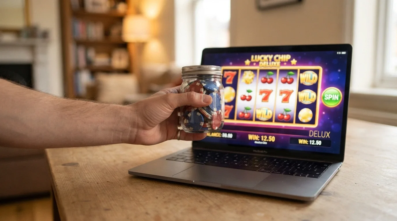 Una mano sujetando varias monedas de euro frente a la pantalla de un ordenador portátil con un casino online abierto