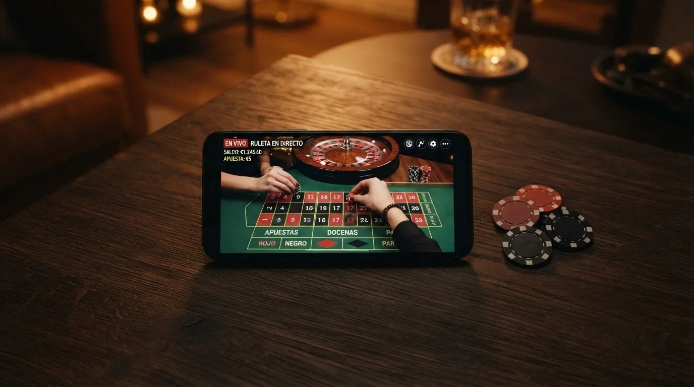 Mano de un crupier real repartiendo cartas en una mesa de casino transmitida en la pantalla de un móvil