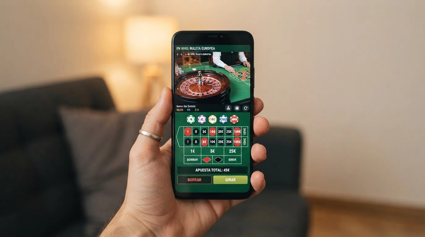 Una mano sujetando un teléfono móvil en vertical con una mesa de ruleta en vivo en pantalla, el diseño responsive visible