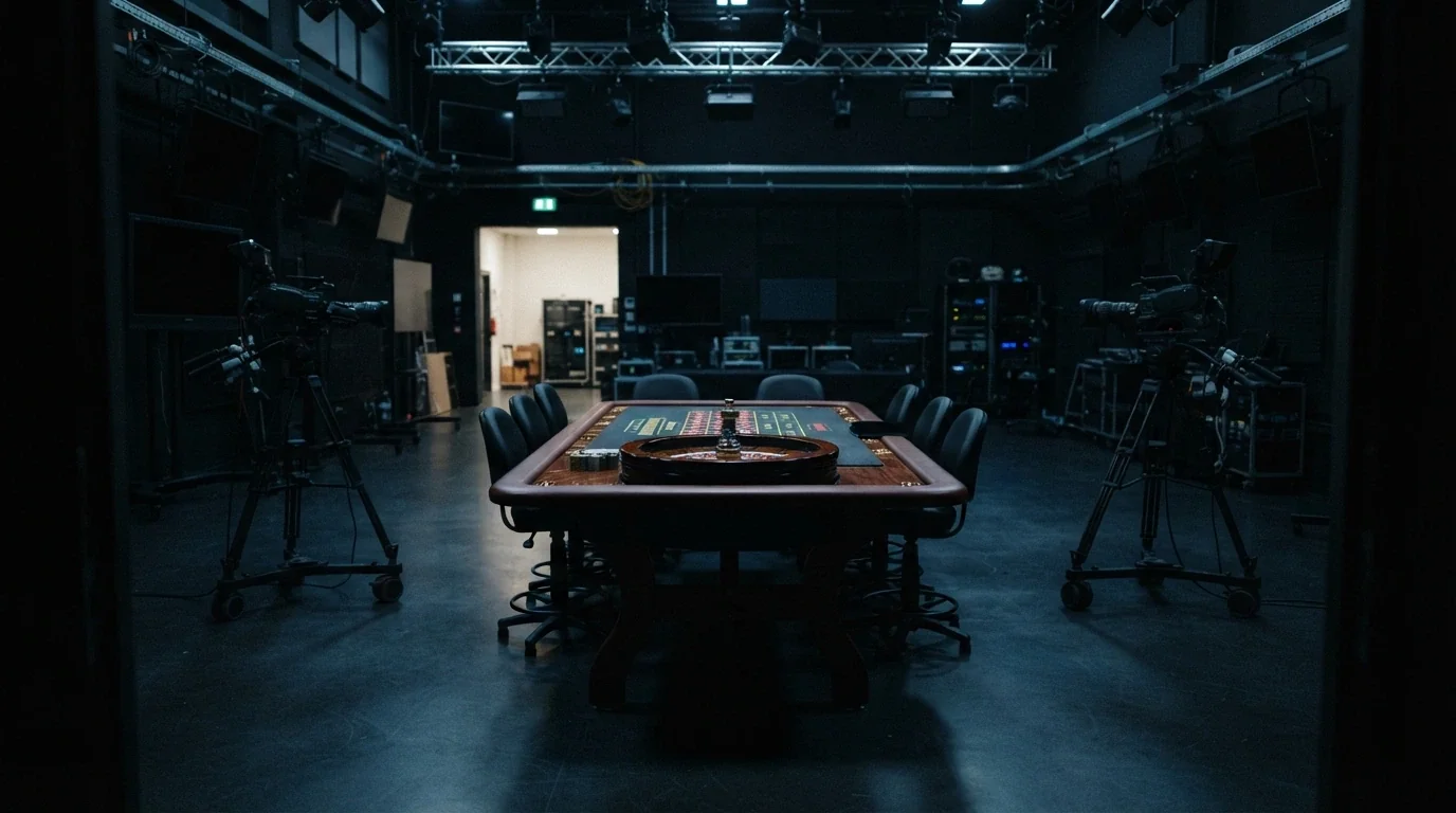 Un estudio de casino en vivo vacío, con la mesa de ruleta y las cámaras apagadas, sin crupier ni jugadores