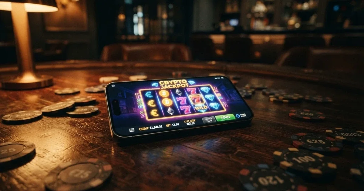 Pantalla de un casino online con interfaz de criptomonedas, gráfico de velas y fichas de póker sobre fondo oscuro