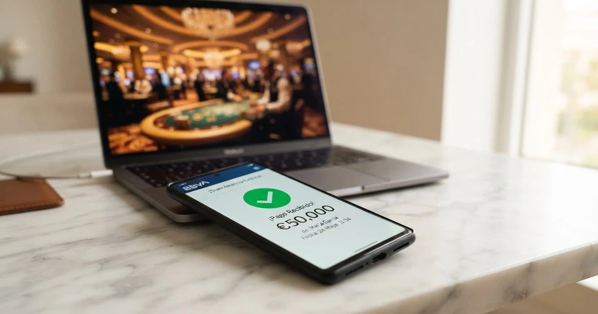 Pantalla de móvil mostrando la app de Bizum junto al cajero de un casino online con licencia DGOJ, sobre un fondo limpio con el dominio .es visible en la barra del navegador