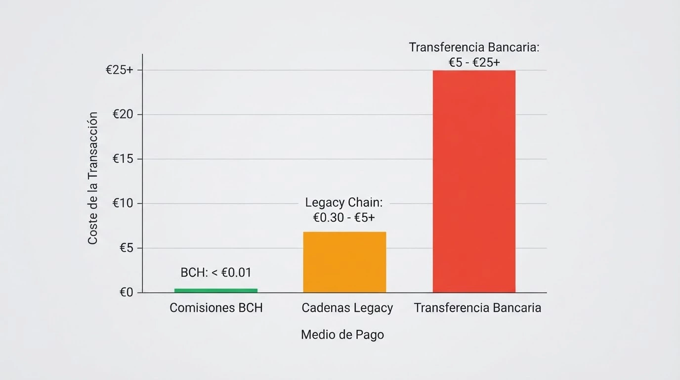 Gráfico de barras comparando las comisiones de Bitcoin Cash, Bitcoin y transferencia bancaria para una misma operación de casino