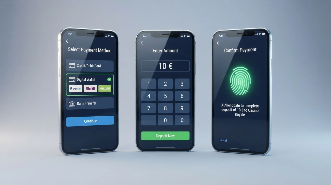 Secuencia de pantallas del proceso de depósito con Apple Pay en un casino online: selección de método, importe y confirmación biométrica