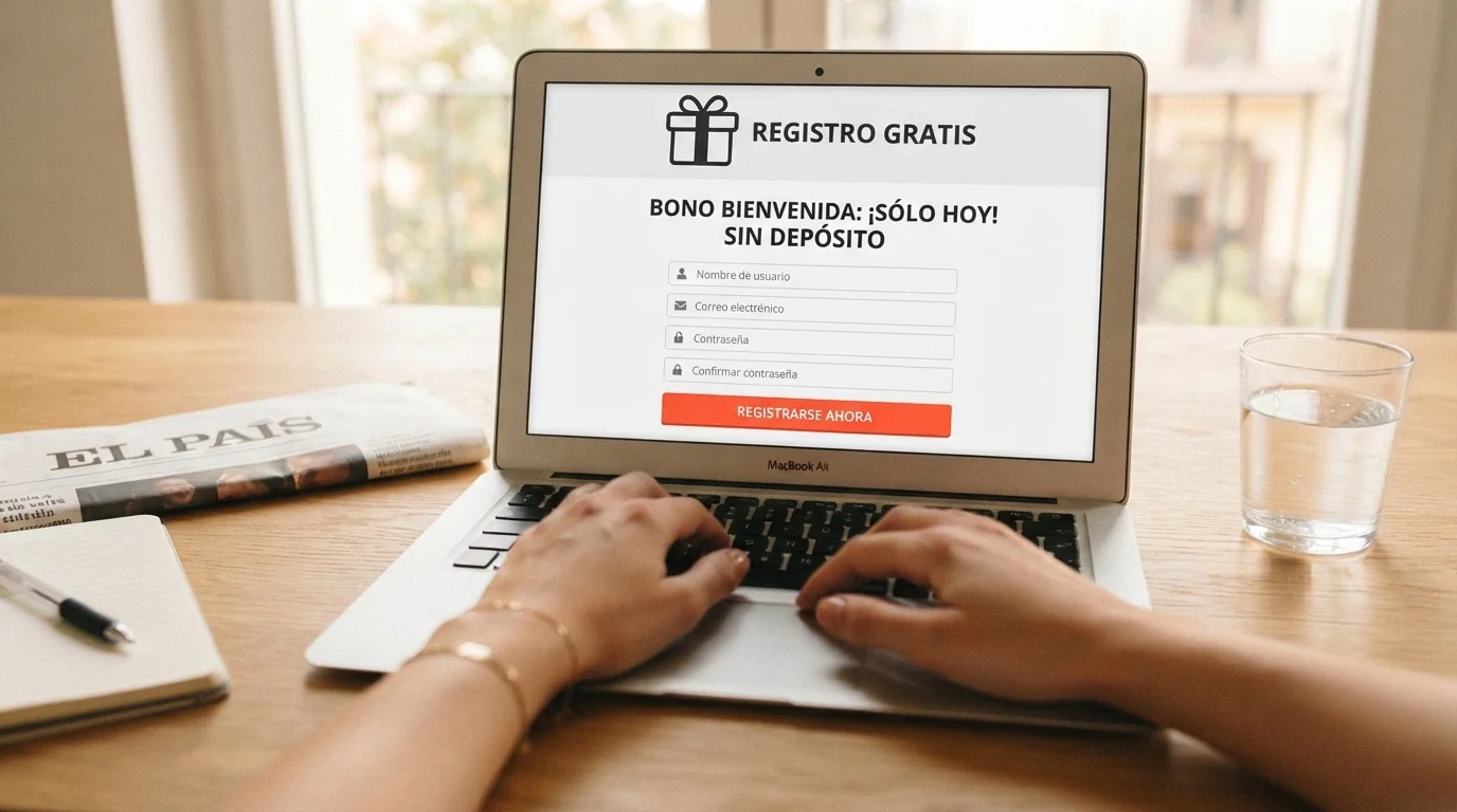 Manos de un jugador sobre el teclado, con la pantalla mostrando un formulario de registro de casino online y un icono de regalo con el texto «sin depósito»