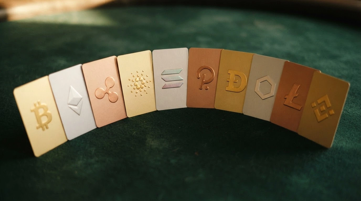 Diez tarjetas alineadas con logotipos de casinos cripto, cada una con una criptomoneda distinta