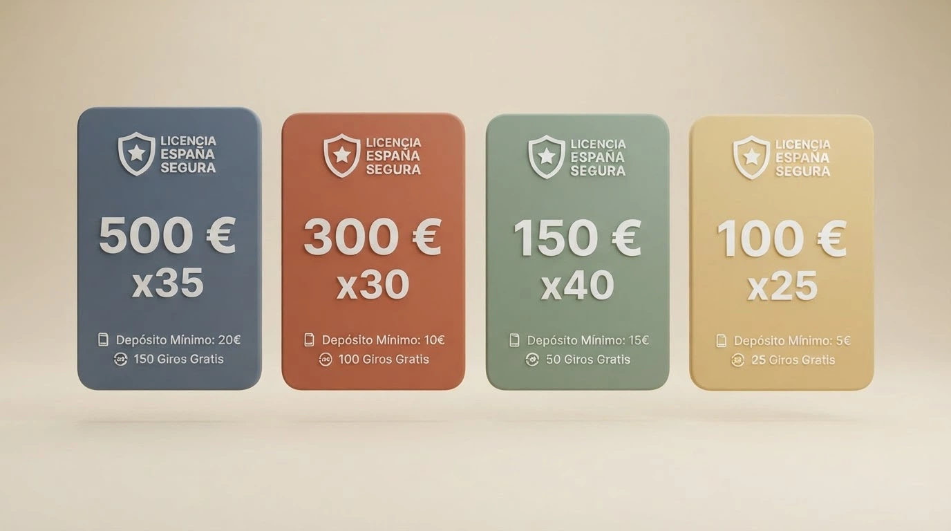 Vista comparativa de fichas de casino con datos de licencia, bono y depósito mínimo