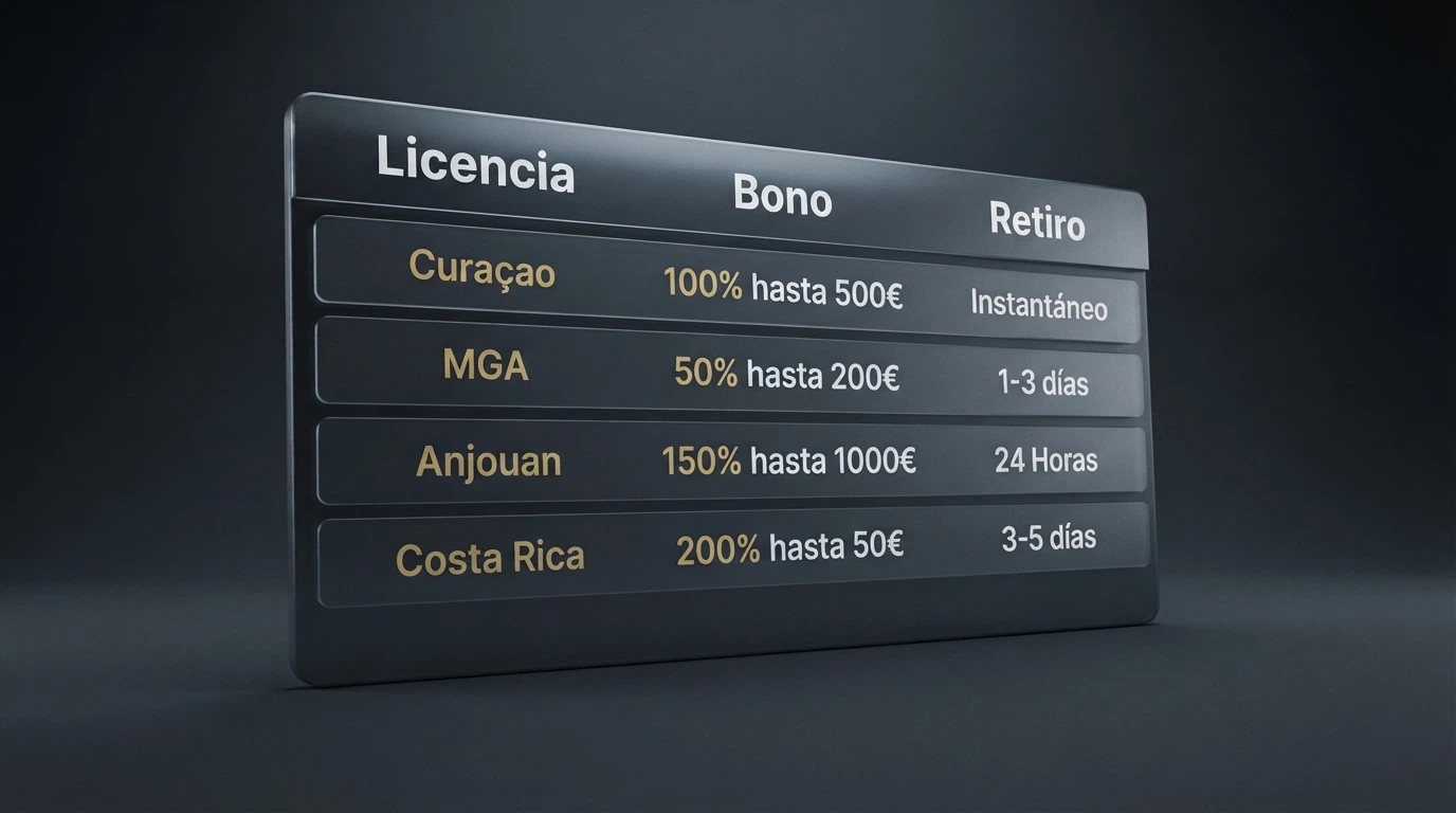 Tabla comparativa con logotipos de casinos, columnas de licencia, bono y velocidad de retiro