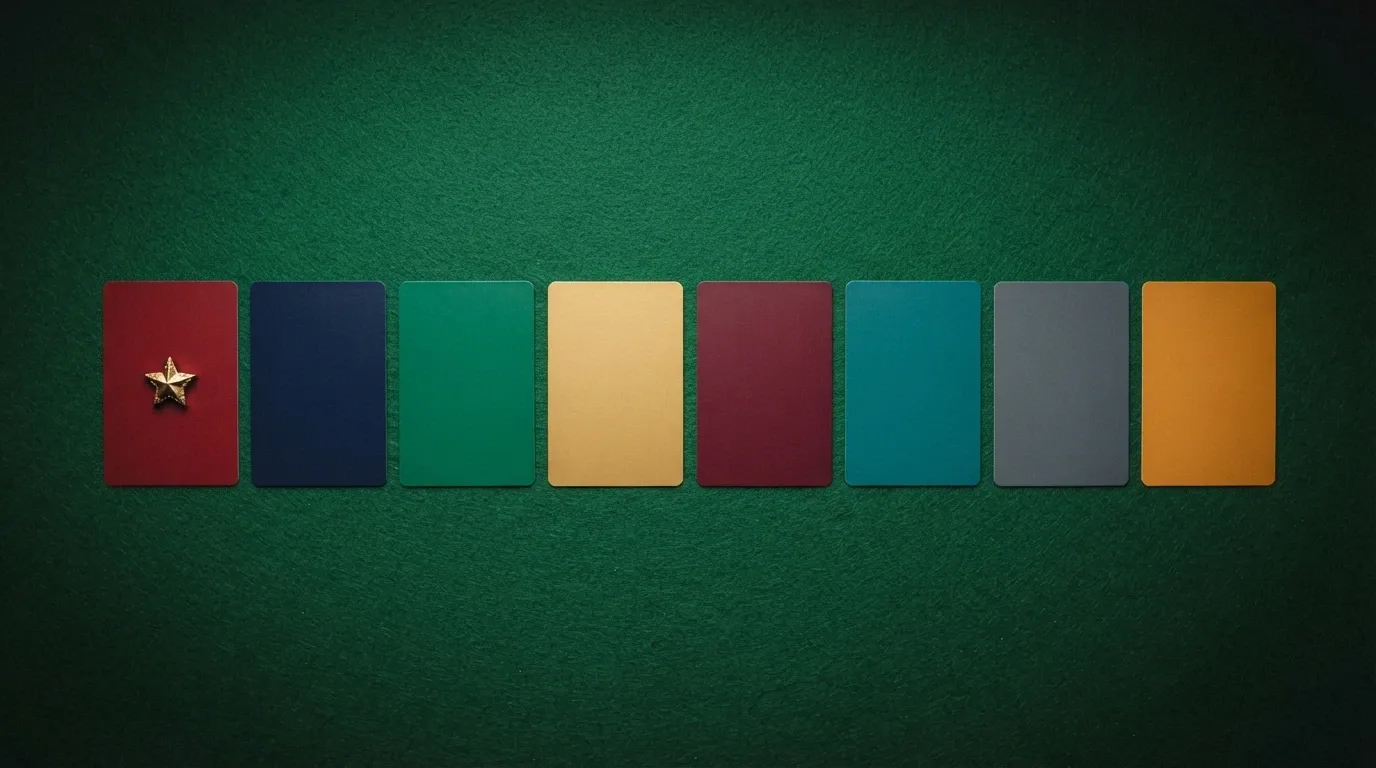Varias tarjetas con logotipos de casinos alineadas sobre una mesa de juego verde, con una estrella sobre la que ocupa la primera posición