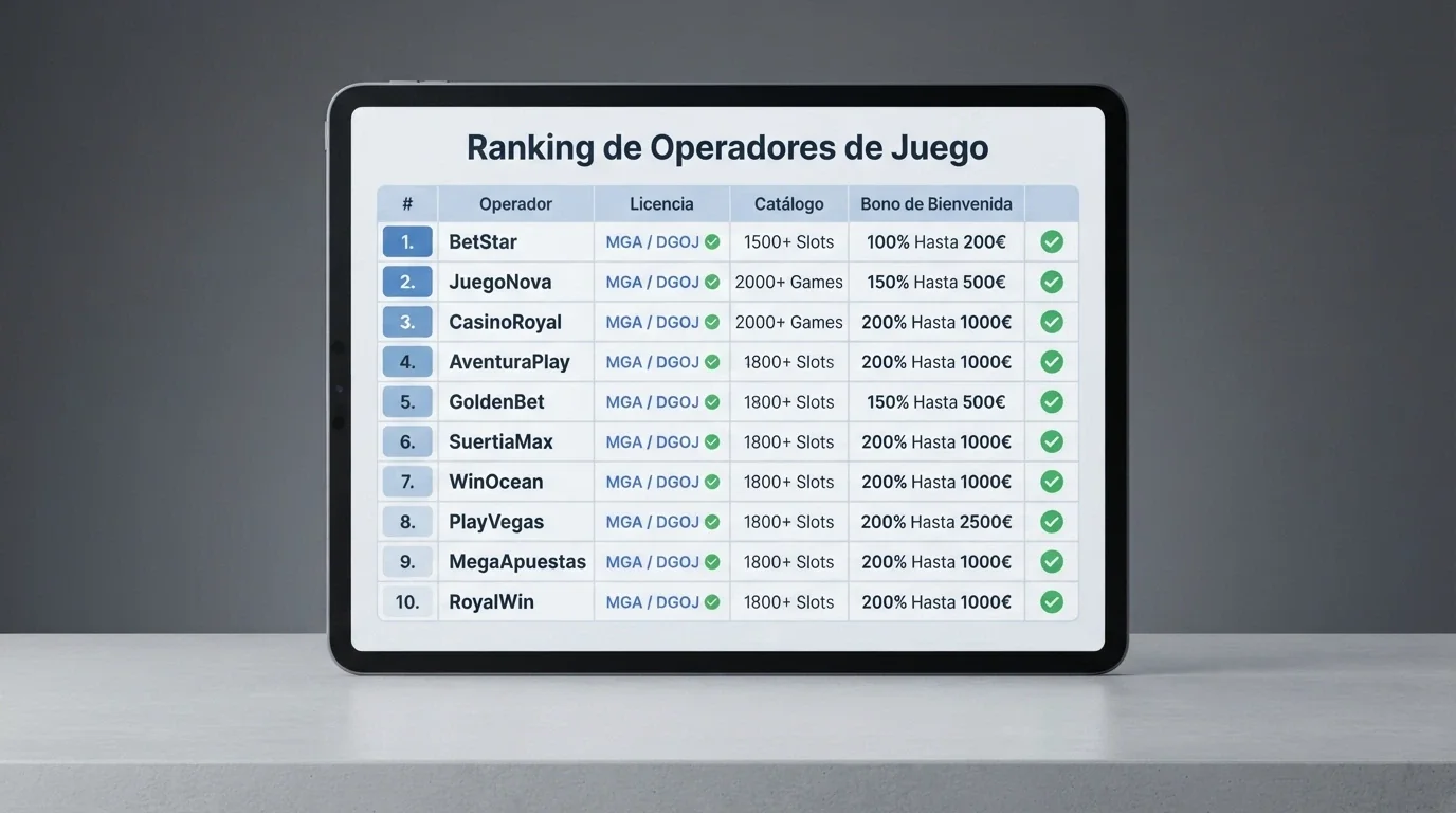 Tabla comparativa con los logotipos de los diez casinos online con licencia DGOJ ordenados por puntuación junto a una columna de verificación