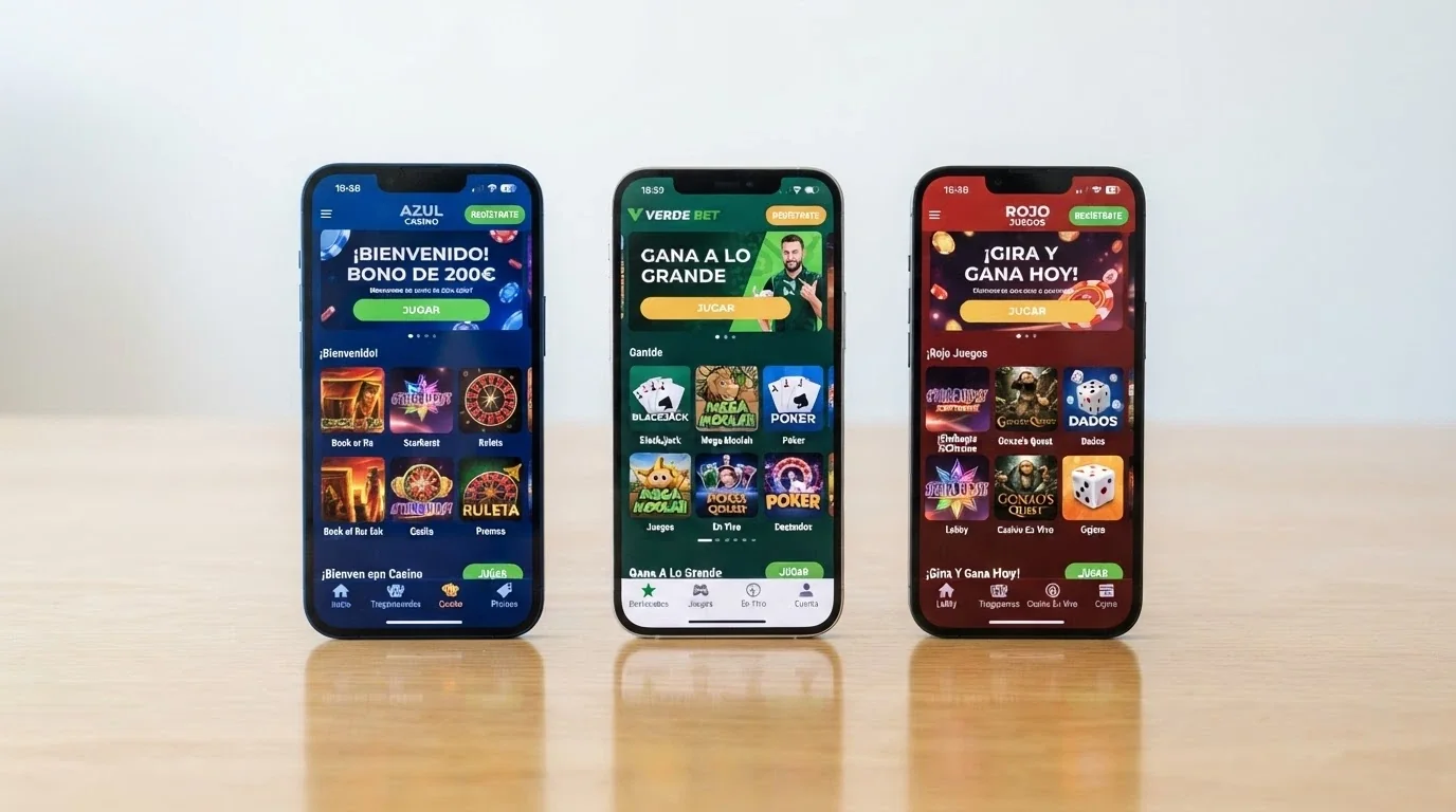 Varias pantallas de inicio de apps de casino móvil alineadas en comparación