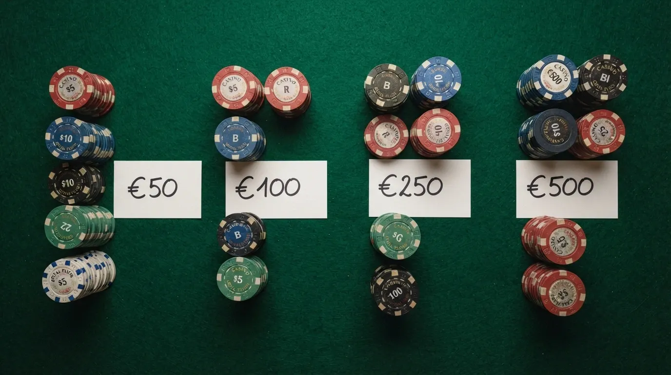 Vista cenital de una mesa con varias fichas de casino de distintos colores alineadas en columnas, cada columna etiquetada con el nombre de un operador y su importe de bono