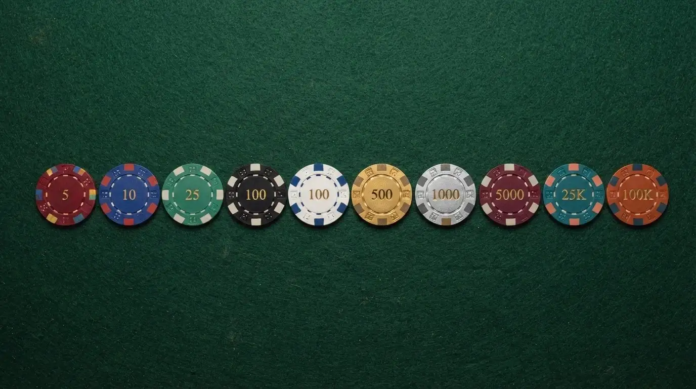 Vista cenital de una mesa con diez fichas de casino alineadas, cada una con el logo de un operador distinto, sobre un tapete verde