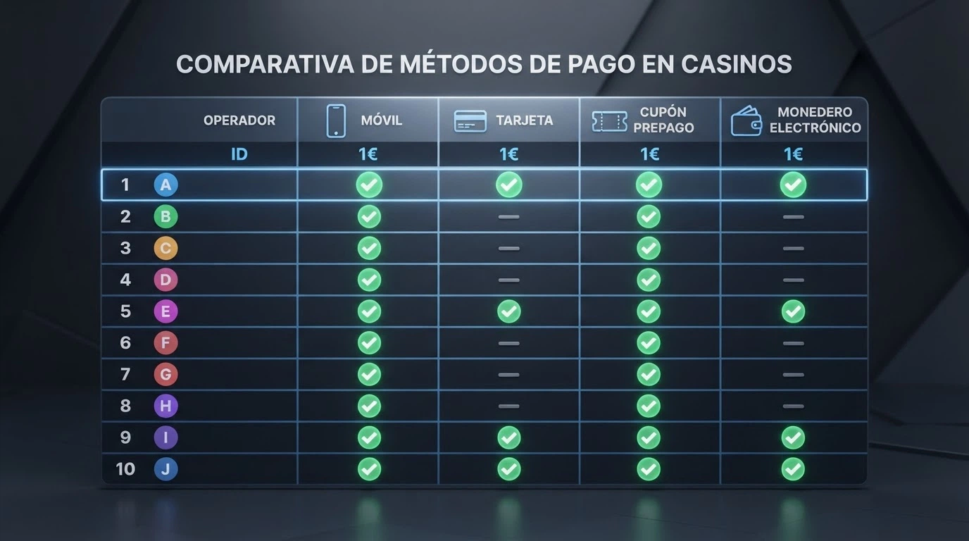 Una tabla estilizada con filas de operadores y columnas de métodos de pago, con marcas verdes donde el depósito mínimo es 1€