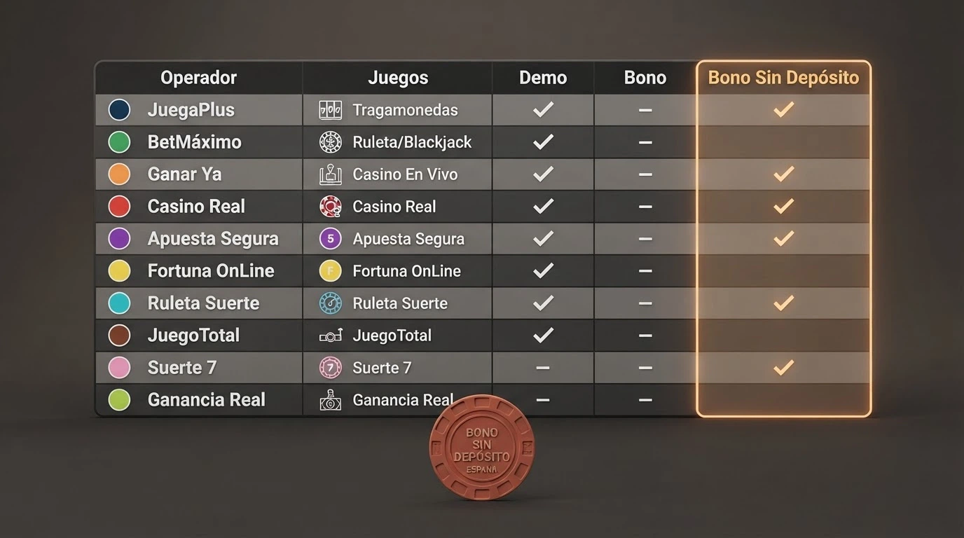 Tabla comparativa con los logotipos de los diez operadores, su licencia DGOJ y la columna de modo demo y bono sin depósito destacada.