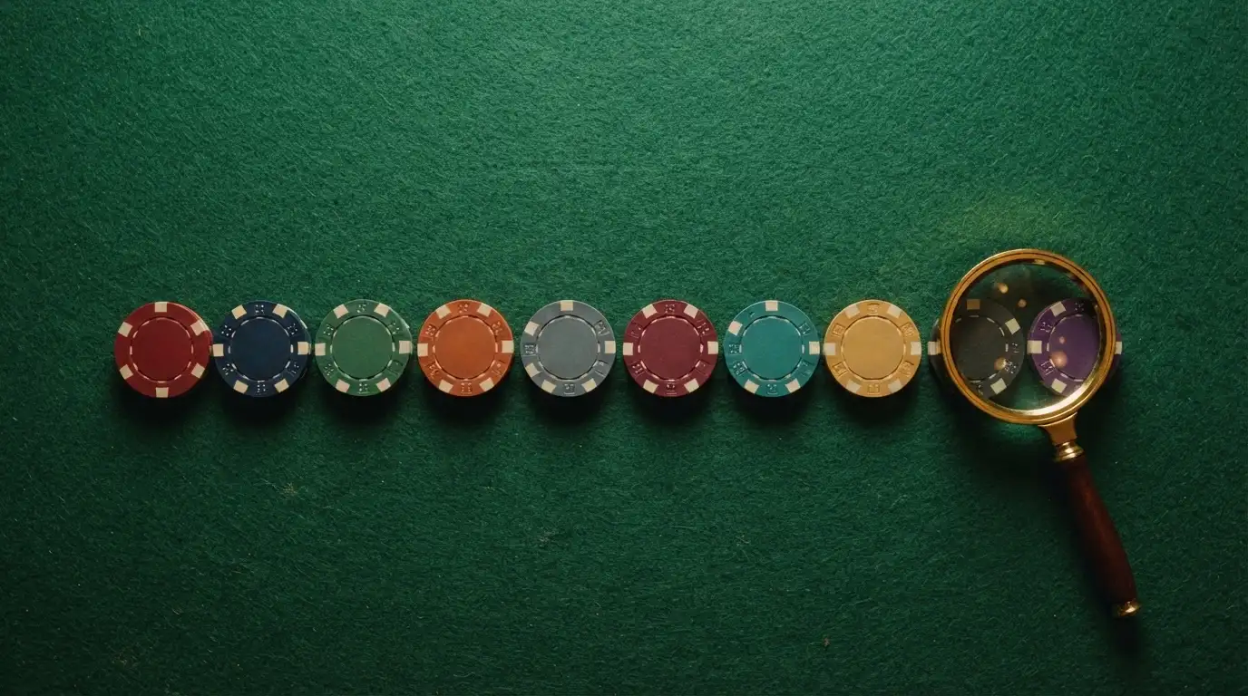 Vista cenital de una mesa con diez fichas de casino alineadas, cada una con el color distintivo de un operador DGOJ, y una lupa sobre ellas