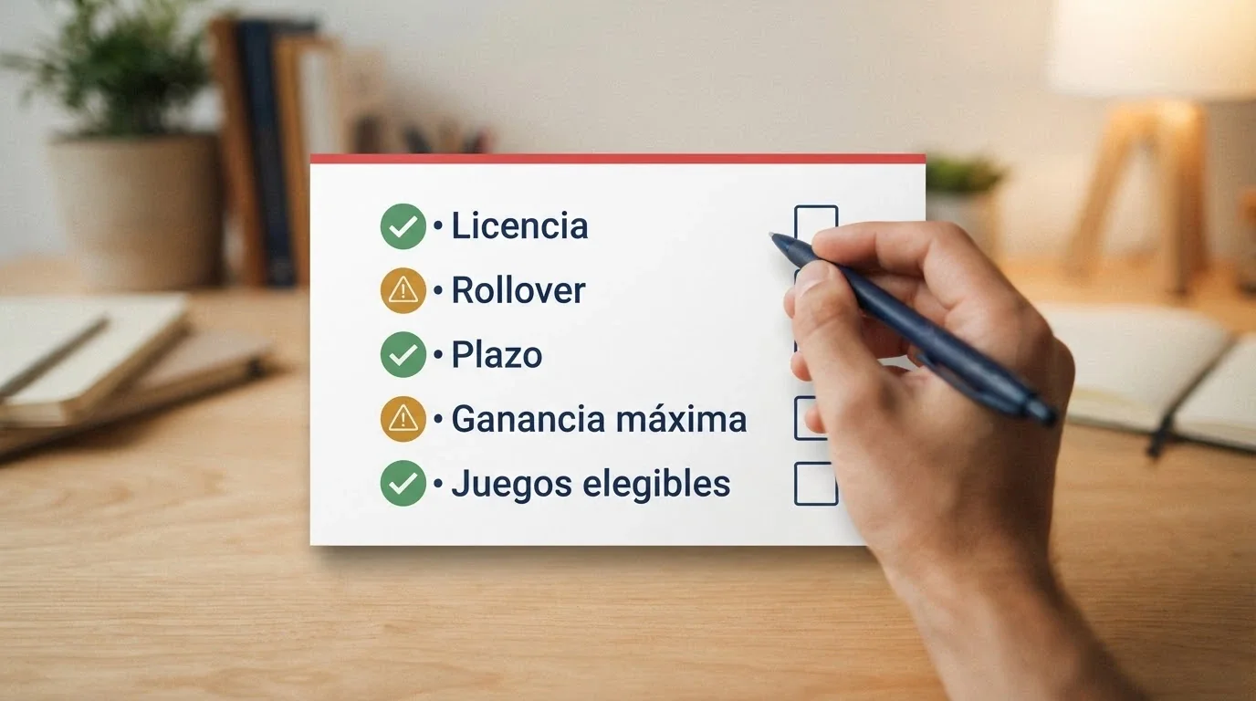Lista de verificación visual con cinco puntos: licencia, rollover, plazo, ganancia máxima y juegos elegibles, cada uno con un icono de visto o alerta