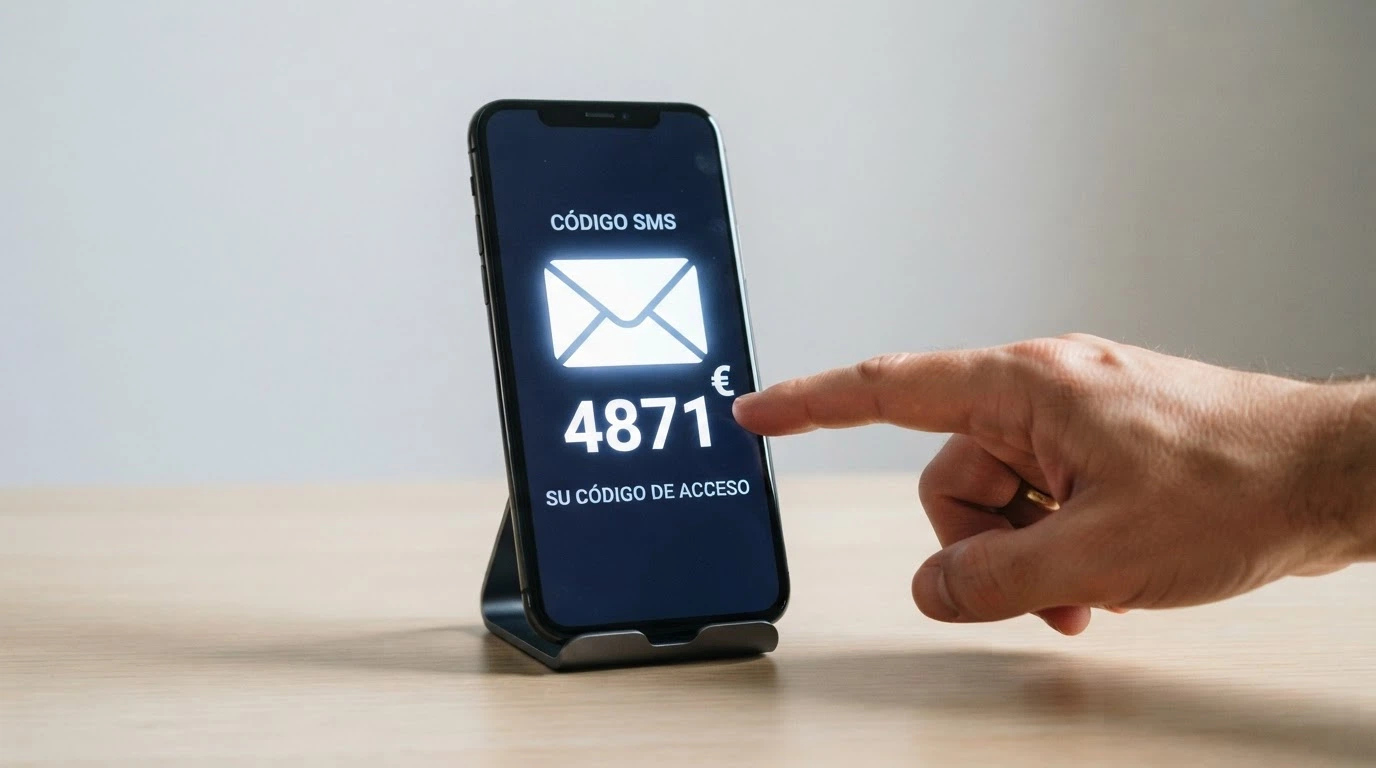 Infografía con un móvil, un código SMS y el símbolo del euro, explicando visualmente el concepto de pago por SMS en casinos