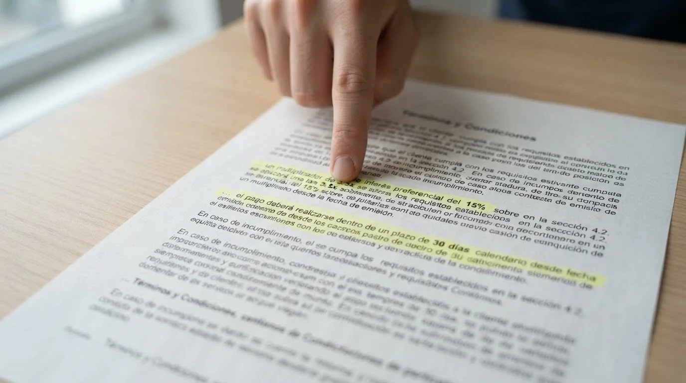 Primer plano de una sección de términos y condiciones de un bono con tres cifras destacadas: porcentaje de bono, multiplicador de rollover y plazo en días, sobre un fondo que sugiere la letra pequeña de una pantalla de registro