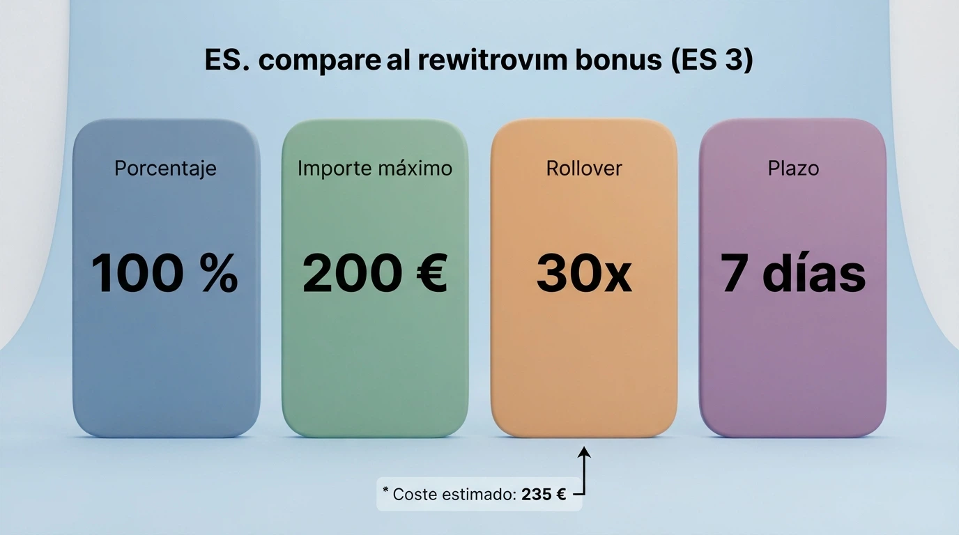 Comparativa visual de condiciones de bono: porcentaje, importe máximo, rollover y plazo